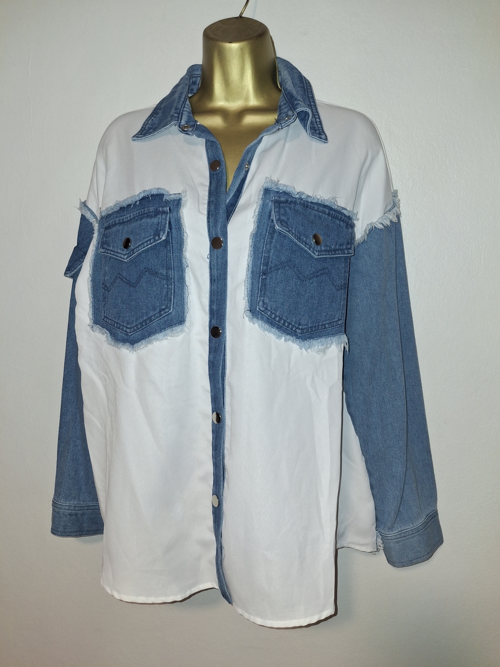 Denim Contrast Button-Up Shirt Jacket - Blue & White